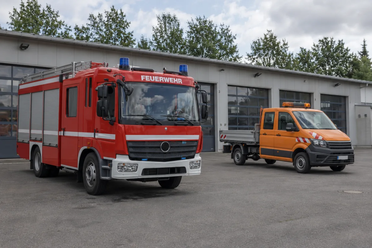Feuerwehrfahrzeug und orangefarbenes kommunales Nutzfahrzeug vor einem Betriebshof