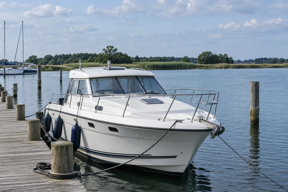 Kleine Motoryacht an einem Steg an der Ostsee